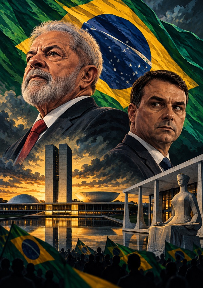 Manifestante com bandeira do Brasil frente à linha da polícia